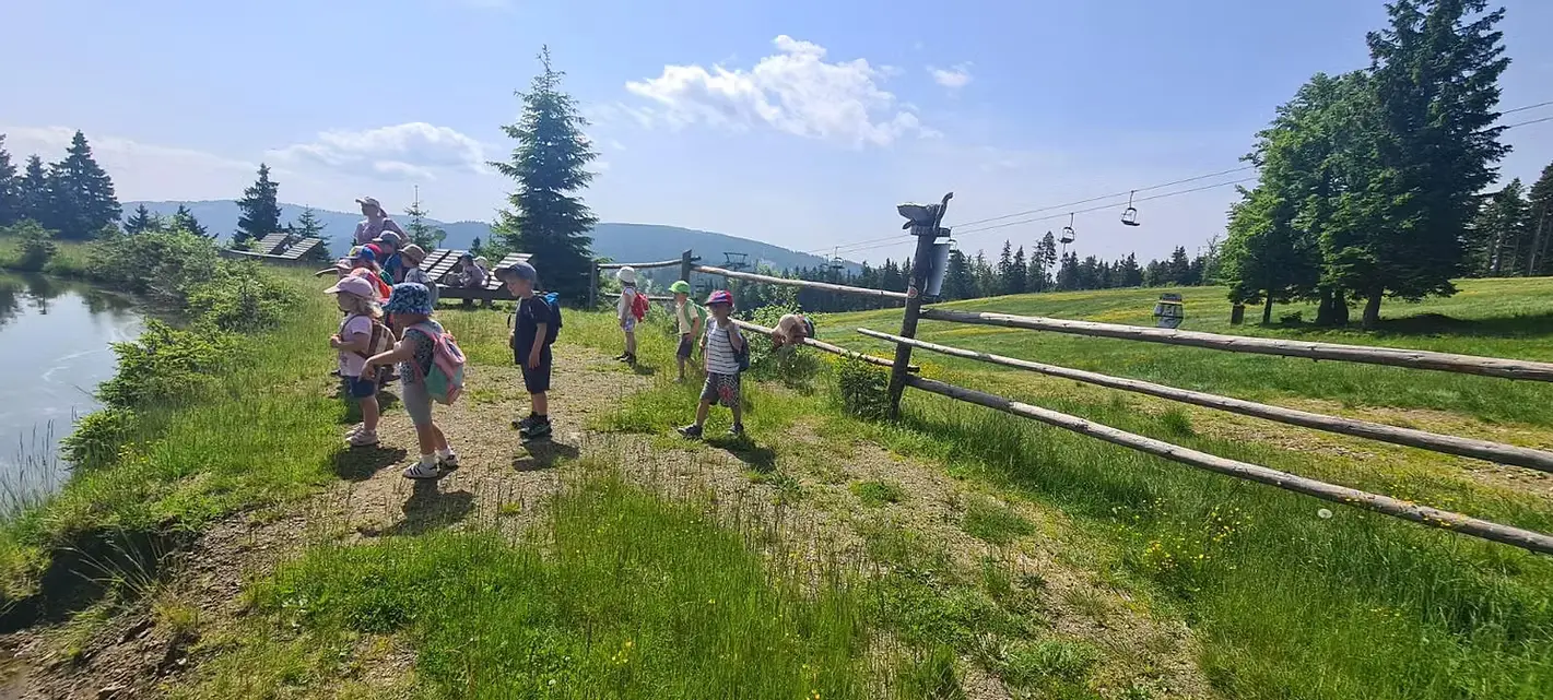 Skupina otrok na pohodu po gorski poti